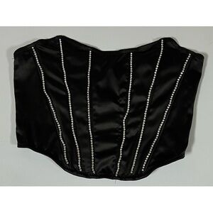 Black Satin Silk Diamond Diamonds Corset Bustier Crop Top Shirt Blouse Size M 💎